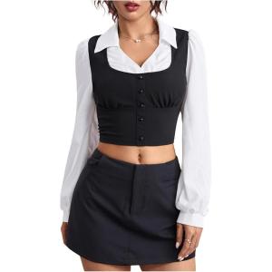 imageMakeMeChic Womens Colorblock V Neck Blouse Collared Button Down Long Sleeve Work Crop TopsBlack and White