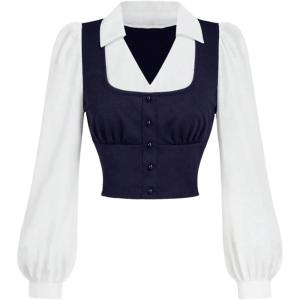 imageMakeMeChic Womens Colorblock V Neck Blouse Collared Button Down Long Sleeve Work Crop TopsBlue