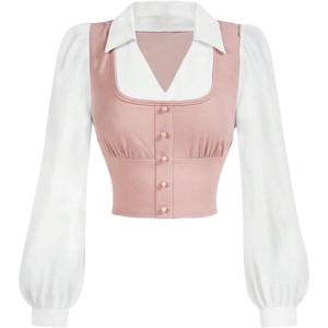 imageMakeMeChic Womens Colorblock V Neck Blouse Collared Button Down Long Sleeve Work Crop TopsPink a