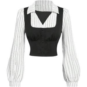 imageMakeMeChic Womens Colorblock V Neck Blouse Collared Button Down Long Sleeve Work Crop TopsStriped Multi