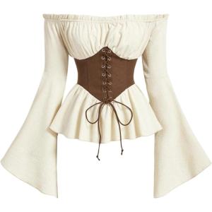 imageMakeMeChic Womens Corset Tops Oktoberfest Bell Sleeve Off Shoulder Renaissance Costume Peasant Dirndl BlousesApricot
