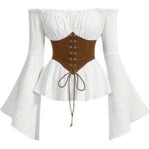 imageMakeMeChic Womens Corset Tops Oktoberfest Bell Sleeve Off Shoulder Renaissance Costume Peasant Dirndl BlousesBrown