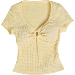 imageMakeMeChic Womens Deep V Neck Tee Shirt Short Sleeve Fitted Going Out Crop TopsYellow