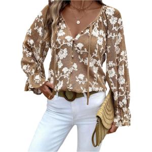 imageMakeMeChic Womens Floral V Neck Blouse Tops Bell Sleeve Button Down Tie Front ShirtBrown