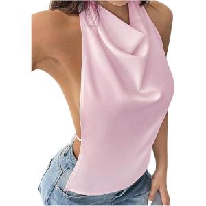 imageMakeMeChic Womens Halter Tops Open Back Sleeveless Satin Dinner Tops Tie Backless Fall ShirtsPink