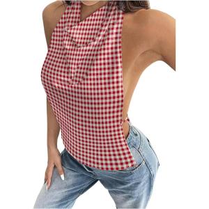 imageMakeMeChic Womens Halter Tops Open Back Sleeveless Satin Dinner Tops Tie Backless Fall ShirtsRed and White