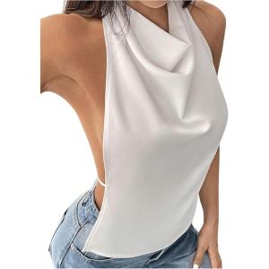 imageMakeMeChic Womens Halter Tops Open Back Sleeveless Satin Dinner Tops Tie Backless Fall ShirtsWhite