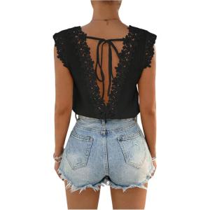 imageMakeMeChic Womens Lace Trim Tops Tie Backless Sleeveless Crew Neck Summer ShirtsBlack