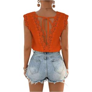 imageMakeMeChic Womens Lace Trim Tops Tie Backless Sleeveless Crew Neck Summer ShirtsOrange