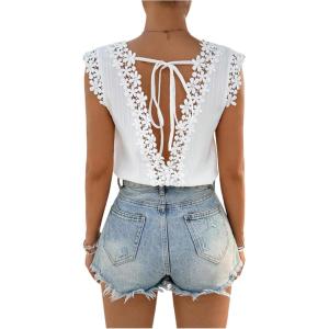 imageMakeMeChic Womens Lace Trim Tops Tie Backless Sleeveless Crew Neck Summer ShirtsWhite