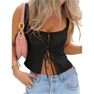 imageMakeMeChic Womens Pleated Tie Front Wide Strap Sleeveless Tank Top Summer ShirtsBlack