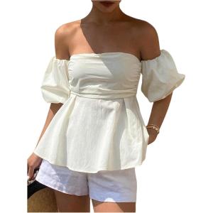 imageMakeMeChic Womens Ruffle Peplum Tops Off The Shoulder Summer Blouse Tube TopWhite