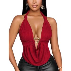 imageMakeMeChic Womens Sexy Halter Top Backless Draped Front Tie Ring Knot Sleeveless Party Festival Rave TopsRed