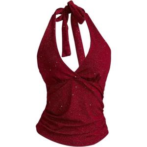 imageMakeMeChic Womens Sparkly Halter Tops Y2k Backless Deep V Neck Rave Crop TopsRed