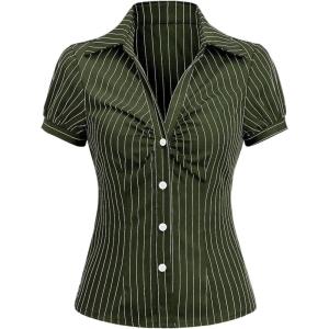 imageMakeMeChic Womens Striped Button Down Shirt Puff Sleeve Collared Fall Work Office Blouse TopArmy Green