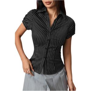 imageMakeMeChic Womens Striped Button Down Shirt Puff Sleeve Collared Fall Work Office Blouse TopBlack