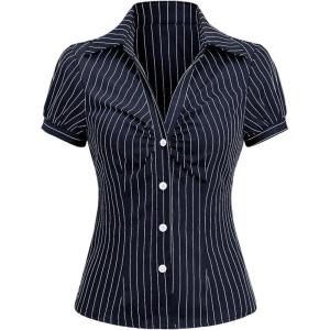 imageMakeMeChic Womens Striped Button Down Shirt Puff Sleeve Collared Fall Work Office Blouse TopBlue