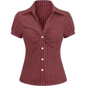 imageMakeMeChic Womens Striped Button Down Shirt Puff Sleeve Collared Fall Work Office Blouse TopRed