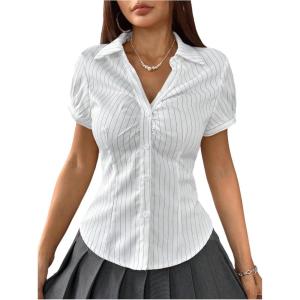 imageMakeMeChic Womens Striped Button Down Shirt Puff Sleeve Collared Fall Work Office Blouse TopWhite