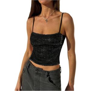 imageMakeMeChic Womens Y2K Sequin Tops Sparkly Beaded Top Glitter Concert Outfits Party Open Back Dressy Crop Tank TopsBlack