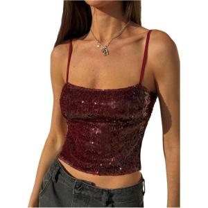 imageMakeMeChic Womens Y2K Sequin Tops Sparkly Beaded Top Glitter Concert Outfits Party Open Back Dressy Crop Tank TopsBurgundy