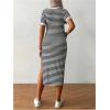 imageMakeMeChic Womens Maternity Dress Striped Short Sleeve Round Neck Slit Hem Everyday Midi DressBlack and White