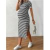 imageMakeMeChic Womens Maternity Dress Striped Short Sleeve Round Neck Slit Hem Everyday Midi DressBlack and White