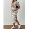 imageMakeMeChic Womens Maternity Dress Striped Short Sleeve Round Neck Slit Hem Everyday Midi DressKhaki