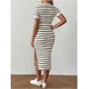 imageMakeMeChic Womens Maternity Dress Striped Short Sleeve Round Neck Slit Hem Everyday Midi DressKhaki