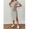imageMakeMeChic Womens Maternity Dress Striped Short Sleeve Round Neck Slit Hem Everyday Midi DressKhaki