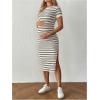 imageMakeMeChic Womens Maternity Dress Striped Short Sleeve Round Neck Slit Hem Everyday Midi DressKhaki