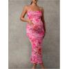 imageMakeMeChic Womens Maternity Summer Dress Floral Halter Criss Cross Bodycon Pregnancy Midi DressesPink