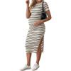imageMakeMeChic Womens Maternity Dress Striped Short Sleeve Round Neck Slit Hem Everyday Midi DressKhaki