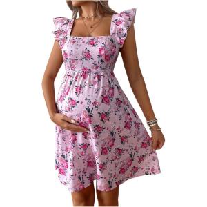 imageMakeMeChic Womens Maternity Dress Floral Ruffle Sleeve Tie Back A Line Pregnancy Mini DressesPink