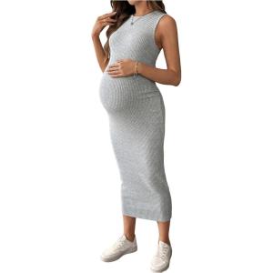 imageMakeMeChic Womens Maternity Dress Sleeveless Pregnancy Tank Crew Neck Casual Bodycon Maxi DressesGrey