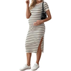 imageMakeMeChic Womens Maternity Dress Striped Short Sleeve Round Neck Slit Hem Everyday Midi DressKhaki