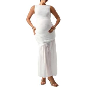 imageMakeMeChic Womens Maternity Summer Dresses Sleeveless Ruched Ruffle Bodycon Pregnancy Maxi Tank DressesWhite