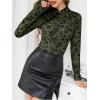 imageMakeMeChic Womens Floral Print Ribbed Knit Cheongsam Top Mock Neck Long Sleeve Tee Shirts Dark Green Large