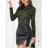 imageMakeMeChic Womens Floral Print Ribbed Knit Cheongsam Top Mock Neck Long Sleeve Tee Shirts Dark Green Large