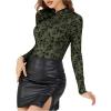 imageMakeMeChic Womens Floral Print Ribbed Knit Cheongsam Top Mock Neck Long Sleeve Tee Shirts Dark Green Large
