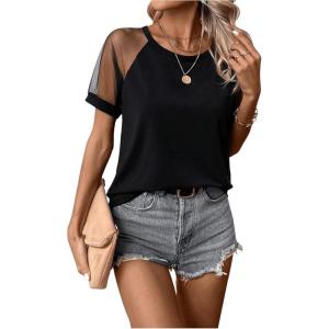 imageMakeMeChic Womens Casual Mesh Short Sleeve Tee Top See Through Sleeve Round Neck Summer T Shirts Black XLarge