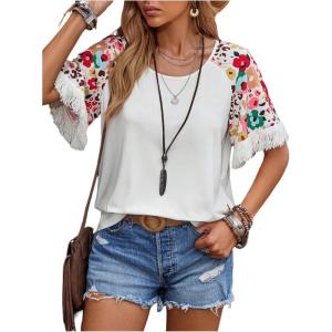 imageMakeMeChic Womens Fringe Tee Shirt Floral Print Crew Neck Short Sleeve Summer TopsWhite