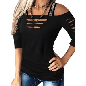 imageMakeMeChic Womens Glitter Sequin Cold Shoulder Short Sleeve Cut Out Tee Shirts Tops Black Large
