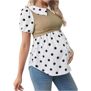 imageMakeMeChic Womens Maternity Blouse Polka Dots Puff Sleeve Button Front Ruffle Pregnancy Nursing TopBlack
