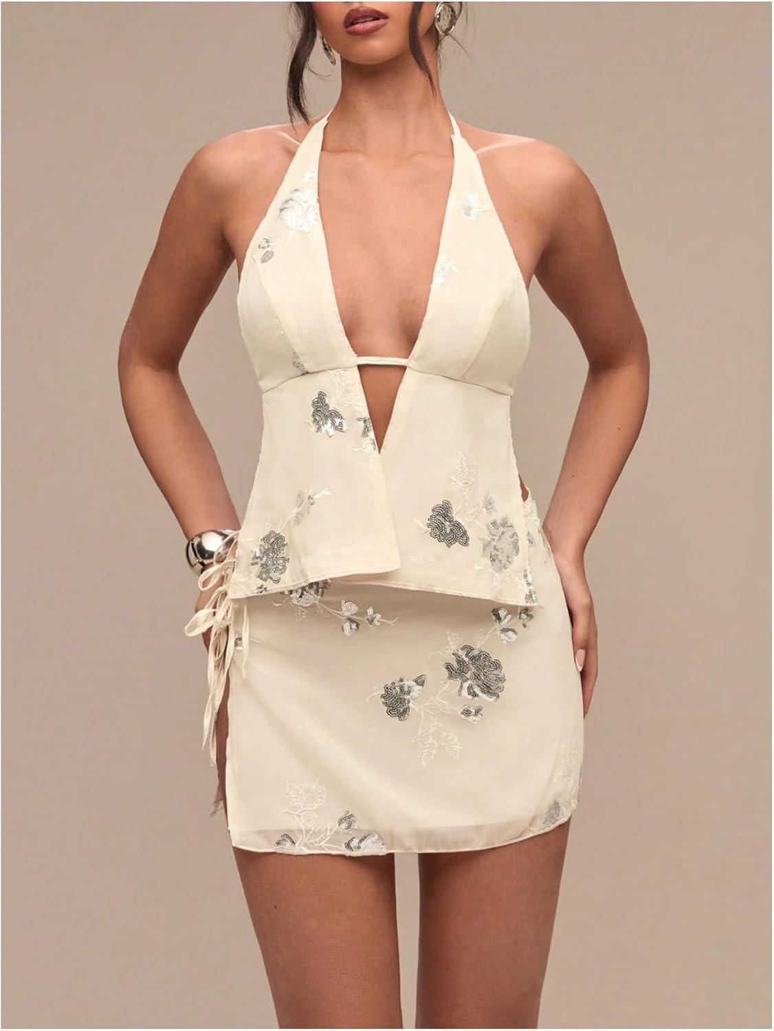 imageMakeMeChic Womens Floral Embroidery Mini Skirt Low Waist Tie Side Split SkirtsApricot