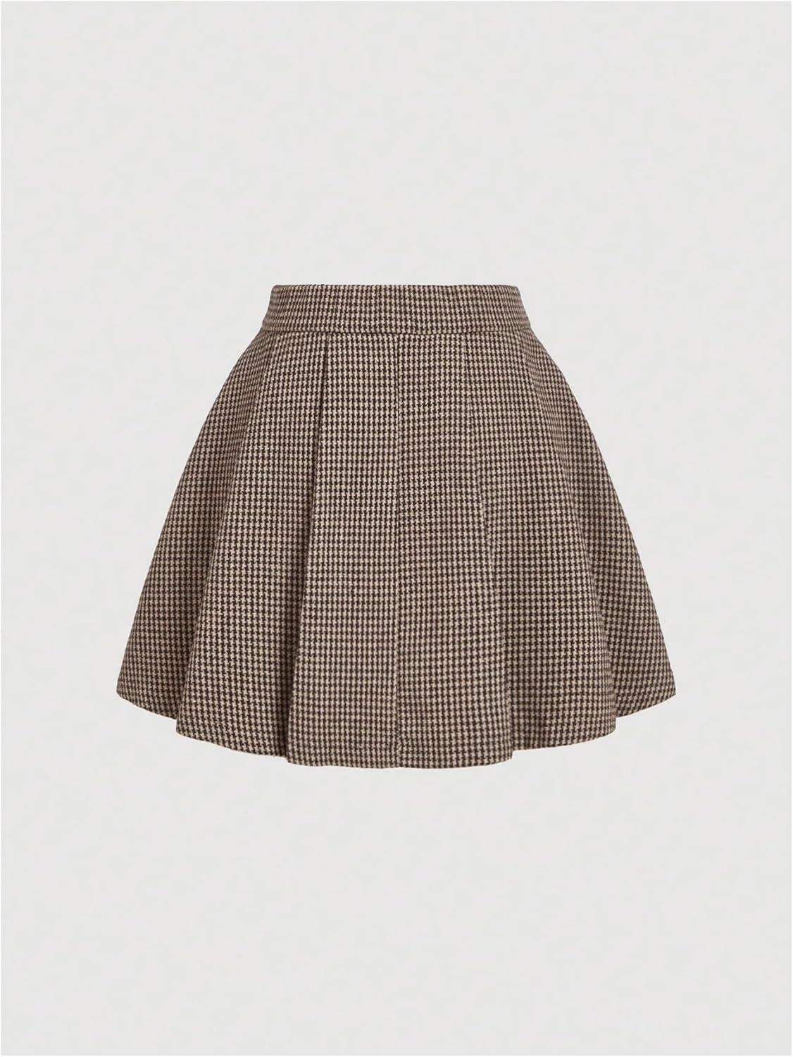 imageMakeMeChic Womens Houndstooth Plaid Pleated Mini Skirt A Line Y2K Preppy SkirtsCoffee Brown