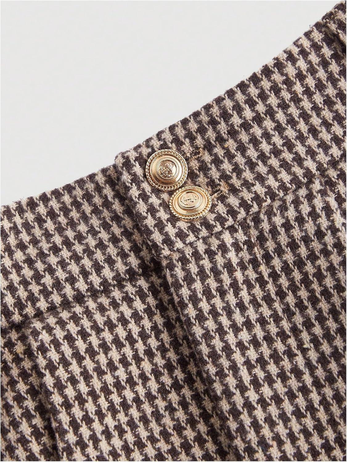 imageMakeMeChic Womens Houndstooth Plaid Pleated Mini Skirt A Line Y2K Preppy SkirtsCoffee Brown