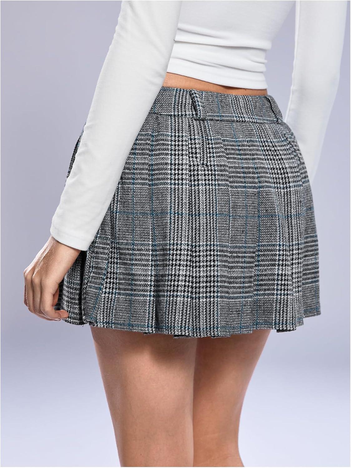 imageMakeMeChic Womens Plaid Pleated Mini Skirt Drop Waist A Line Skater Tartan Skirts Without BeltBlack and White