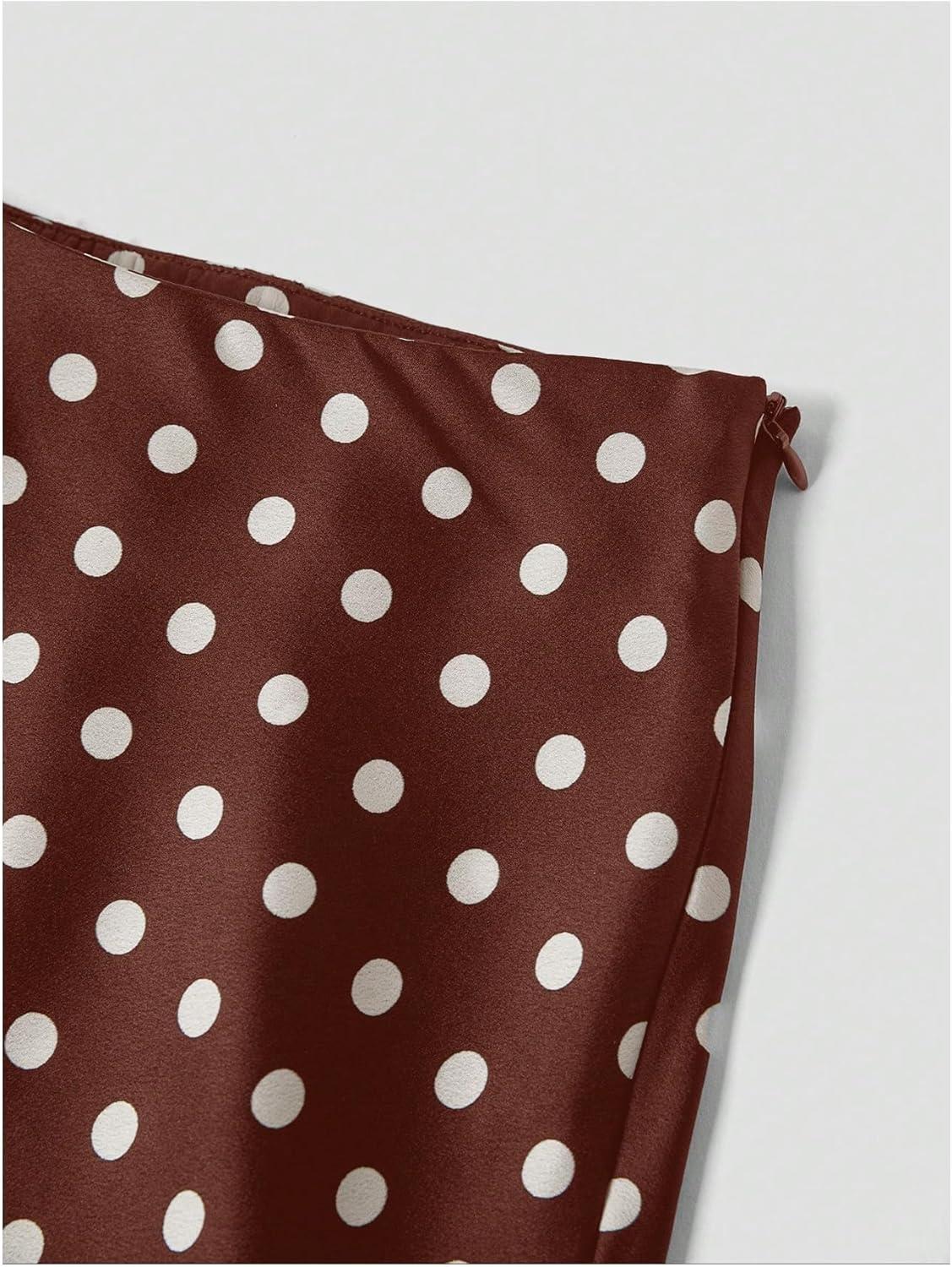 imageMakeMeChic Womens Silk Satin Polka Dots Midi Skirt Vintage Elegant Flowy Pencil Long SkirtsBrown