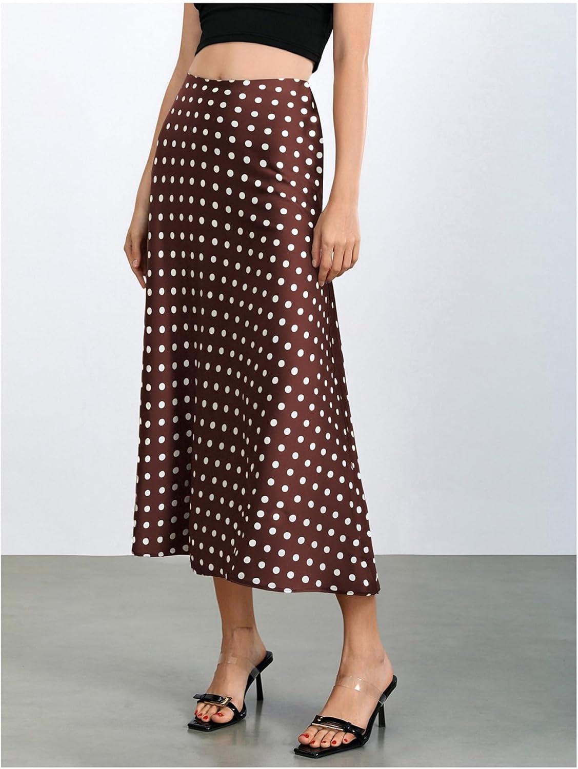 imageMakeMeChic Womens Silk Satin Polka Dots Midi Skirt Vintage Elegant Flowy Pencil Long SkirtsBrown